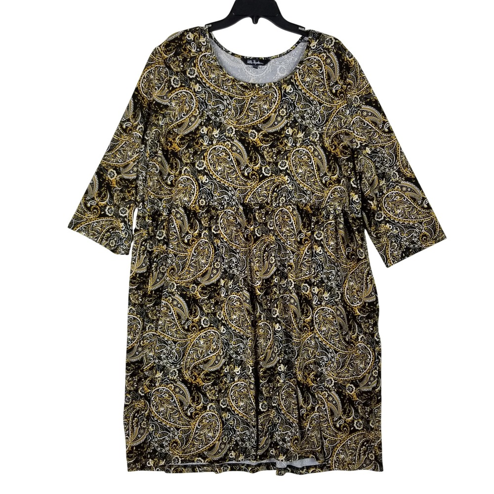 Ulla Popken Dress Women 20/22 Black Mustard Paisley Empire Waist Babydoll 3/4 Sl